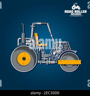 Road roller mechanics symbol for transportation design usage with smooth wheel tandem roller composed of heavy steel drums and exhaust stack, gear whe Stock Vector