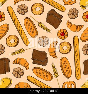 Seamless healthy rye bread slices and long loaves of multigrain bread, glazed donuts and buns, croissants, baguettes and butter cookies with fruity ja Stock Vector