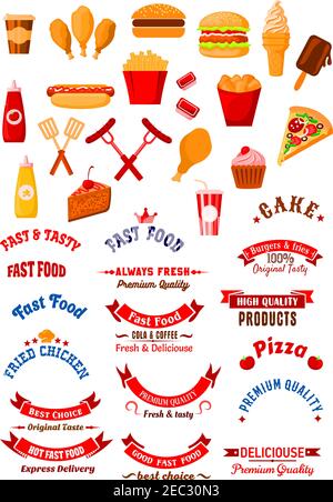 Fast food cafe retro design elements with burgers and hot dog, cake and cupcake, french fries and fried chicken, coffee and soda cups, pizza and ice c Stock Vector