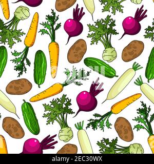 Healthy fresh crunchy carrots and cucumbers, organic ripe potatoes and beetroots, juicy celery with green leaves and daikons vegetables seamless patte Stock Vector