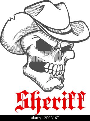 Dangerous and angry skull sheriff symbol wearing old leather cowboy hat with ragged edges. Sketched human skeleton for wild west concept, western adve Stock Vector