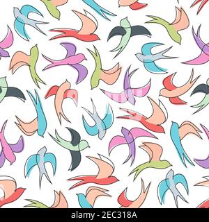 Seamless background of flying swallows for nature theme or scrapbook page backdrop design usage with pattern of flock of colorful birds with long slen Stock Vector