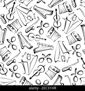 Black and white sketched musical instruments background for arts theme or scrapbook page backdrop design usage with seamless pattern of grand pianos, Stock Vector