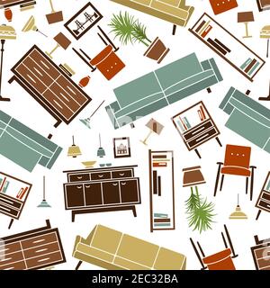 Retro pattern of colorful household furnishing with seamless flat illustrations of soft and cabinet furnitures, interior accessories and lamps, random Stock Vector