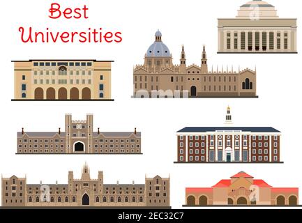 National universities buildings icons for education and architecture design usage with flat symbols of Oxford, Harvard and Cambridge, Princeton, Yale Stock Vector