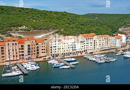 Modern Buildings facing the Marina of Bonifacio, Southern Corsica, France Stock Photo