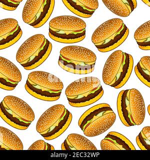 Seamless homemade hamburgers on bread rolls with sesame seeds pattern on white background garnished with beef patty, cheese, fresh tomato, onion and p Stock Vector