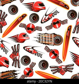 Motosport seamless pattern background of red racing cars with speed motion trails, flaming speedometers with black smoke, racing helmets and shields w Stock Vector