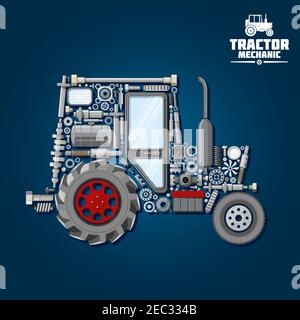 Mechanical parts silhouette of tractor symbol with front and driving wheels, door and exhaust stack, fuel tank and gears, suspension system and bearin Stock Vector