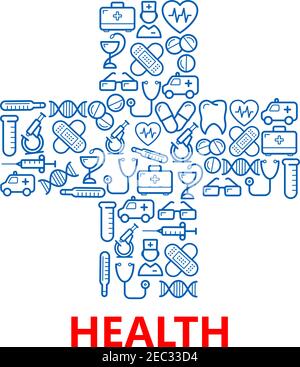 Blue medical hospital cross symbol with outlined icons of doctors and ambulances, pills and stethoscopes, microscopes, test tubes, hearts, tooth and D Stock Vector