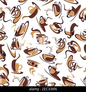 Steaming delectable coffee beverages seamless pattern in brown colors over white background for cafe or kitchen interior design with cups and mugs, ad Stock Vector