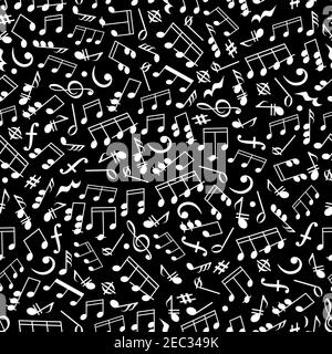 Seamless white silhouettes of musical notes and symbols pattern over black background with various of notes and rests, bass and treble clefs. Music an Stock Vector