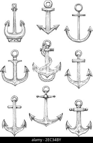 vintage engraving sketches of nautical ships anchors with twisted rope use as navy heraldry marine themed tattoo and yacht club design 2ec34by
