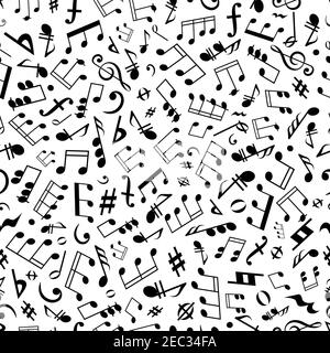 Black and white seamless musical symbols and marks background pattern with musical notes, chords and rests of different durations, treble and bass cle Stock Vector