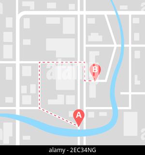 City street map plan with GPS pins and navigation route from A to B ...