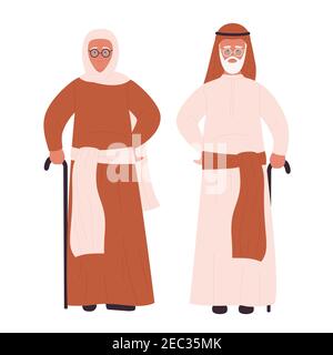 Old muslim couple vector illustration. Cartoon arab family characters with canes, moslem senior man and woman standing together, elderly grandparents wearing traditional clothes isolated on white Stock Vector