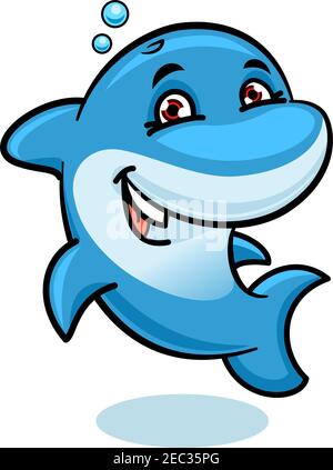 Cheerful cartoon bright blue atlantic bottlenose dolphin character showing tricks and playing in the water. Marine animals show or summer vacation sym Stock Vector