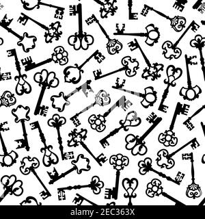 Vintage seamless black silhouettes of medieval victorian skeleton keys pattern over white background, adorned by decorative elements with fleur-de-lis Stock Vector