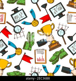 Business success and leadership seamless pattern background with colorful sketches of computer monitors and notebooks with growing financial graphs an Stock Vector