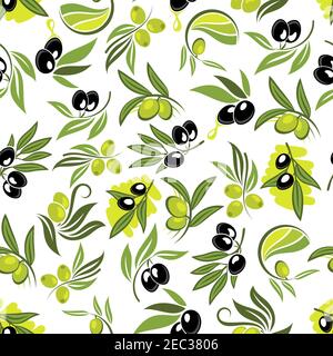 Seamless fresh branches of olive tree pattern with leafy twigs, green and black olive fruits and drops of olive oil over white background. Use as heal Stock Vector