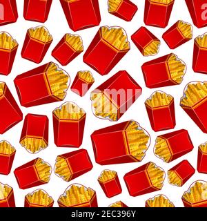 Seamless fast food potato vegetable snacks pattern of crispy wavy french fries in takeaway red paper boxes. Scrapbook page backdrop or food packaging Stock Vector