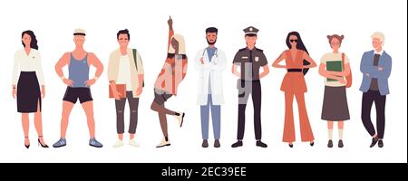 People stand together vector illustration set. Cartoon collection of creative community, young and old man and woman characters of different professions standing in different poses isolated on white Stock Vector