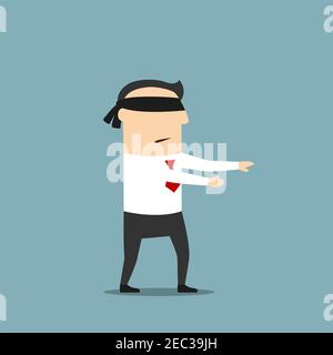 Disoriented cartoon blindfolded businessman with black band on eyes is walking forward with extended arms trying to find his way Stock Vector