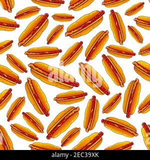 Seamless homemade delicious sandwiches pattern background of fresh hot dogs with smoked frankfurters on wheat bun, seasoned with ketchup and sweet fre Stock Vector
