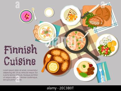 Finnish family sunday breakfast icon with flat symbols of creamy sausage sauce, meatballs with mashed potato, pickled herring with boiled potatoes and Stock Vector