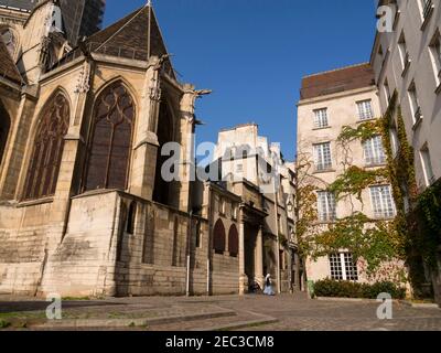 Rue des Barres, Paris. This ancient cobblestone street behind the Church of Saint Gervais and Saint Protais dates back to medieval times. Stock Photo