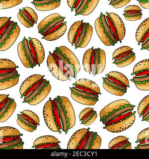 Seamless fresh juicy burgers background pattern of american bbq hamburgers with grilled meat, fresh tomatoes, cucumbers and lettuce on wheat buns. Use Stock Vector