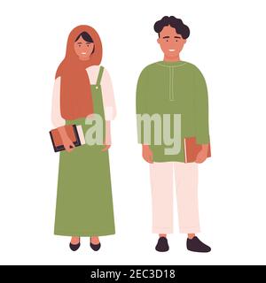 Muslim girl and boy teenagers vector illustration. Cartoon arab schoolboy, schoolgirl with books standing together, young happy islamic arabian teen students couple isolated on white Stock Vector