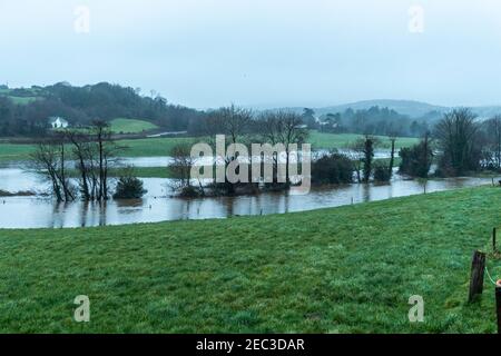 West Cork, Ireland. 13th Feb, 2021. Many parts of West Cork flooded today after a night of torrential rain. The river near Caheragh burst its banks in the night. Credit: AG News/Alamy Live News Stock Photo