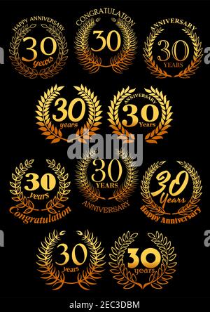 Ancient greek laurel and olive wreaths icons for 30 anniversary celebration greeting card or invitation design with shining golden floral frames with Stock Vector