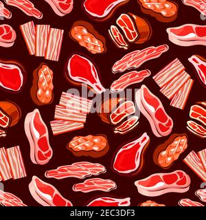 Fresh and grilled beef steaks, thin slices of american bacon and italian prosciutto, roasted pork tenderloin and cured ham seamless pattern for grill Stock Vector