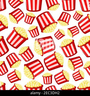 Takeaway popcorn background with cartoon seamless pattern of red and white striped paper buckets of sweet crispy popcorn. Weekend entertainment, leisu Stock Vector