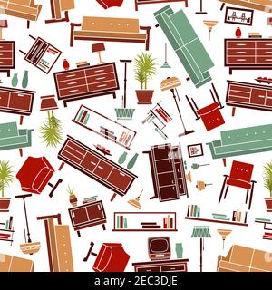 Home interior furniture seamless pattern background with flat retro stylized sofas, armchairs and couches, wooden bookshelves and chests of drawers, f Stock Vector