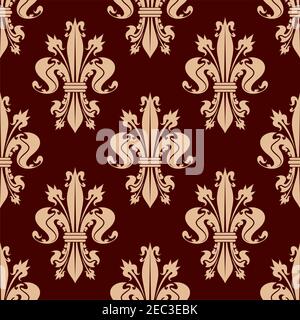 Delicate beige fleur-de-lis floral seamless pattern of french heraldic lilies with ornamental leaves and flower buds on reddish brown background. Use Stock Vector