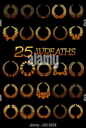 Winner golden wreaths icons with shining floral frames made up of laurel and oak trees branches, flowers and wheat ears tied with ribbons and bows. Us Stock Vector