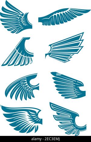 Open bird wings icons for heraldic symbol or tattoo design usage with medieval stylized blue silhouettes of eagle, hawk or falcon wings Stock Vector