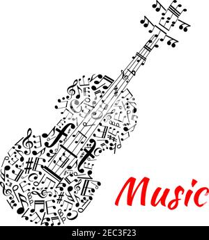 Musical notation symbols and marks arranged into a shape of violin with fingerboard and strings made up of notes, treble and bass clefs. Entertainment Stock Vector