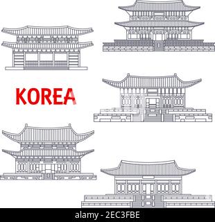 Korean five grand palaces of Joseon Dynasty thin line icons for travel or asian architecture theme design with Changdeok, Changgyeong, Deoksugung, Gye Stock Vector