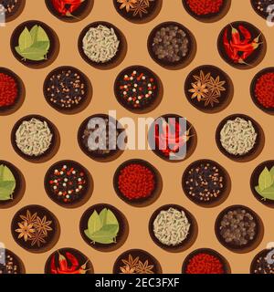 Fragrant and healthy seamless spices and seasonings pattern background with wooden bowls filled with chili and sweet paprika, bay leaves and cardamom Stock Vector
