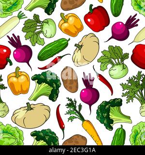 Bright background with seamless pattern of fresh picked broccoli and cabbages, cucumbers and potatoes, chili and bell peppers, beetroots and carrots, Stock Vector