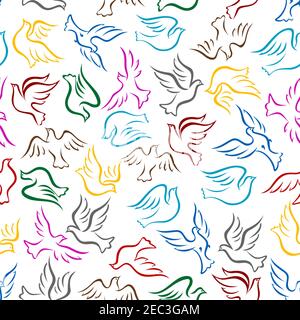 Flying colorful birds seamless pattern on white background with bright sketches of doves or pigeons in flight with raised and outstretched wings. Use Stock Vector