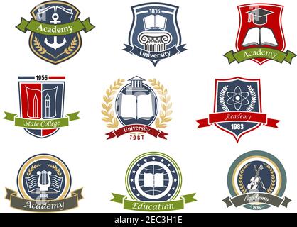 Music, architecture and sciences, visual arts and literature, maritime and theater symbols for academy, university and college emblems or badges desig Stock Vector