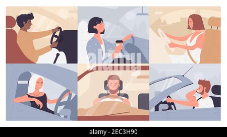 People travel, drive auto on vacation car road trip vector illustration set. Cartoon happy young man woman driver characters sitting in automobile, driving vehicle in roadtrip background collection Stock Vector