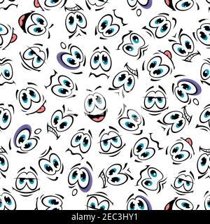 Seamless cartoon smiley faces pattern of funny emoticons characters with various emotional expressions, punched eye and tongue out on white background Stock Vector