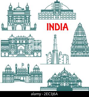 Tourist attractions and national architectural heritage of India thin line icons for travel design with Qutub Minar, Buddhist Stupa at Sanchi, Red For Stock Vector