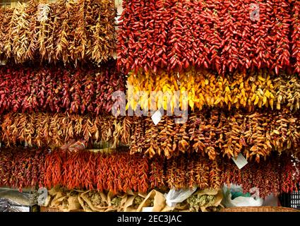 Funchal, Madeira, Portugal - September 2017:  A variety of peppers and pimentos on display on a stall in the farmers' market Stock Photo